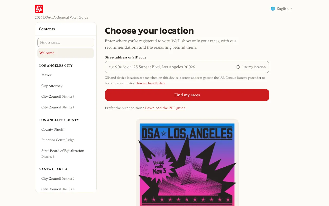 Screenshot of voterguide.dsa-la.org