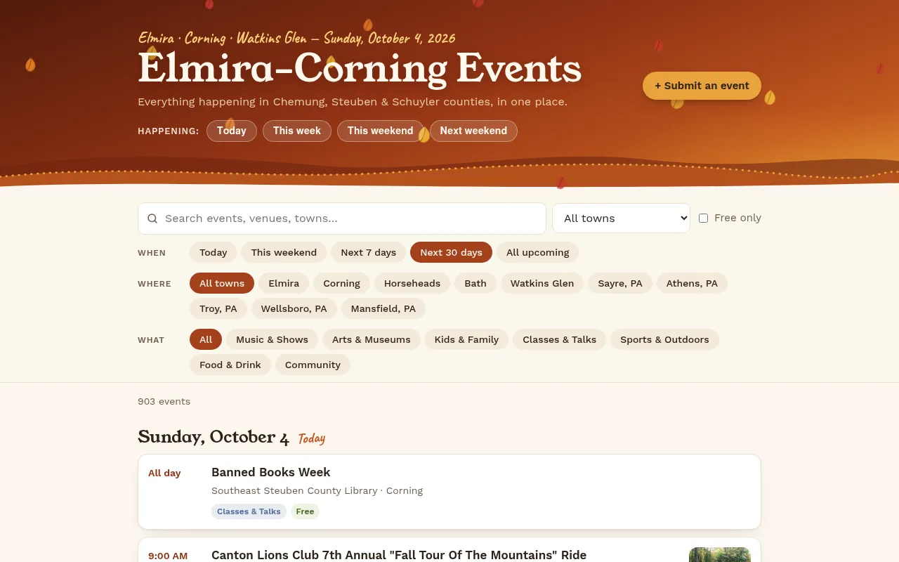 Screenshot of elmiracorningevents.com