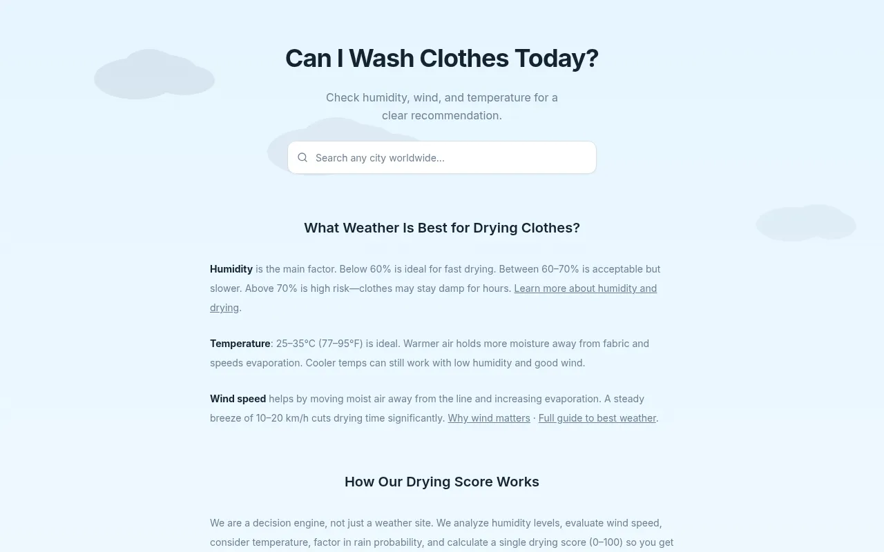 Screenshot of caniwashclothestoday.com