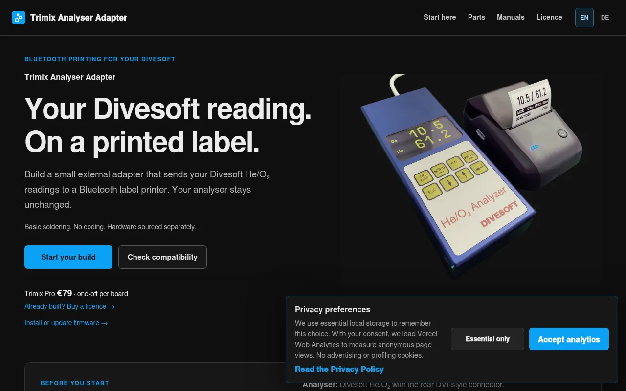 Screenshot of trimixanalyser.com