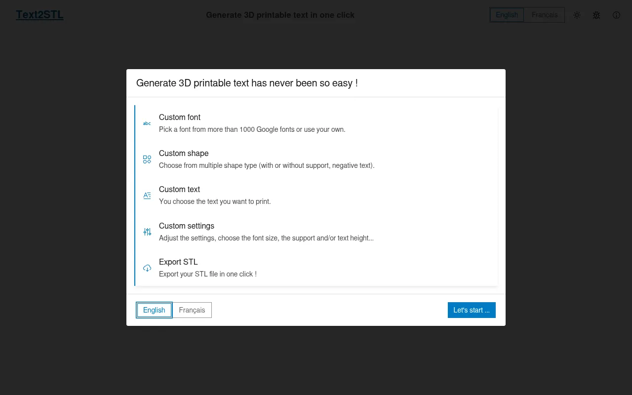Screenshot of text2stl.mestres.fr