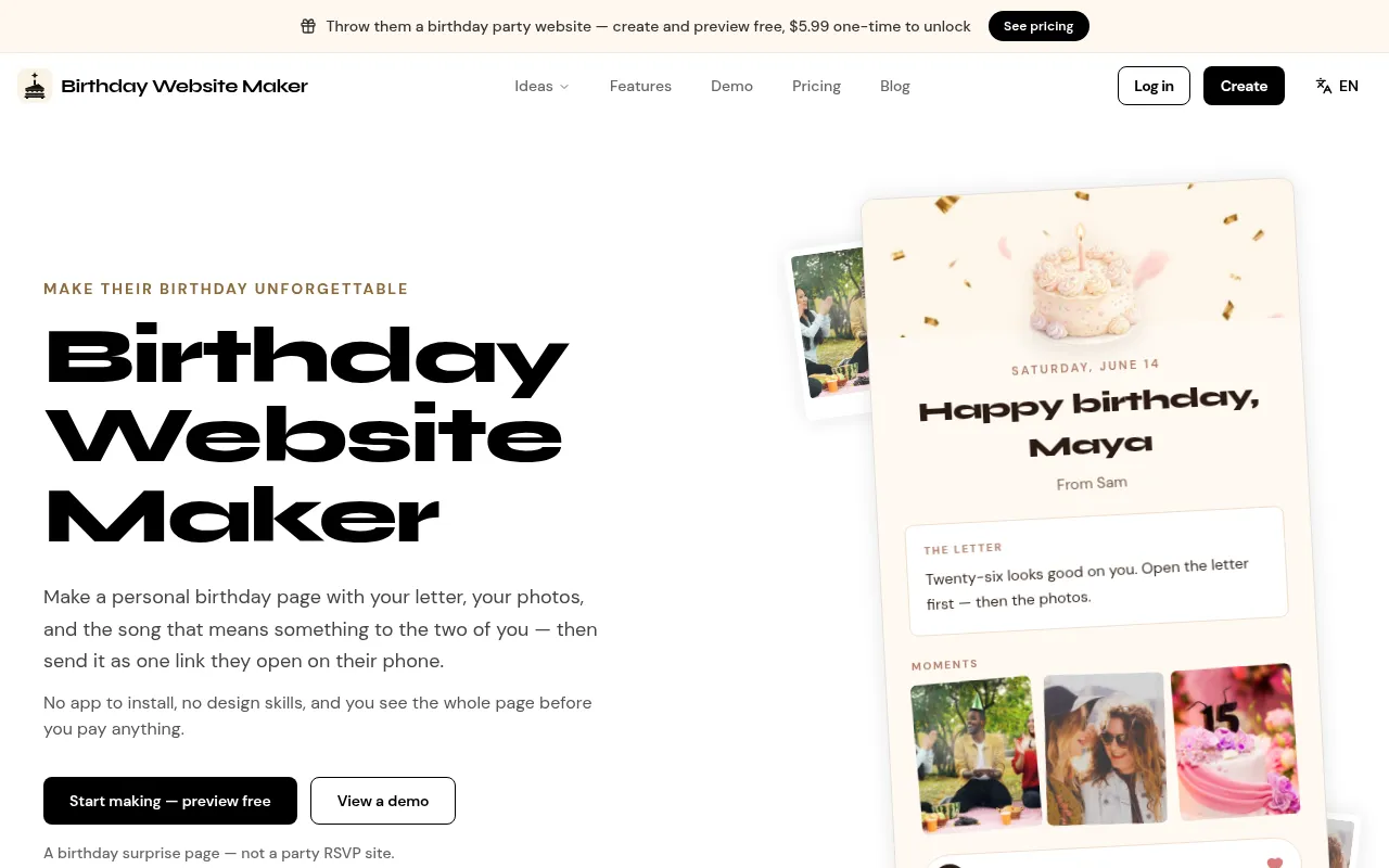 Screenshot of birthdaywebsite.app