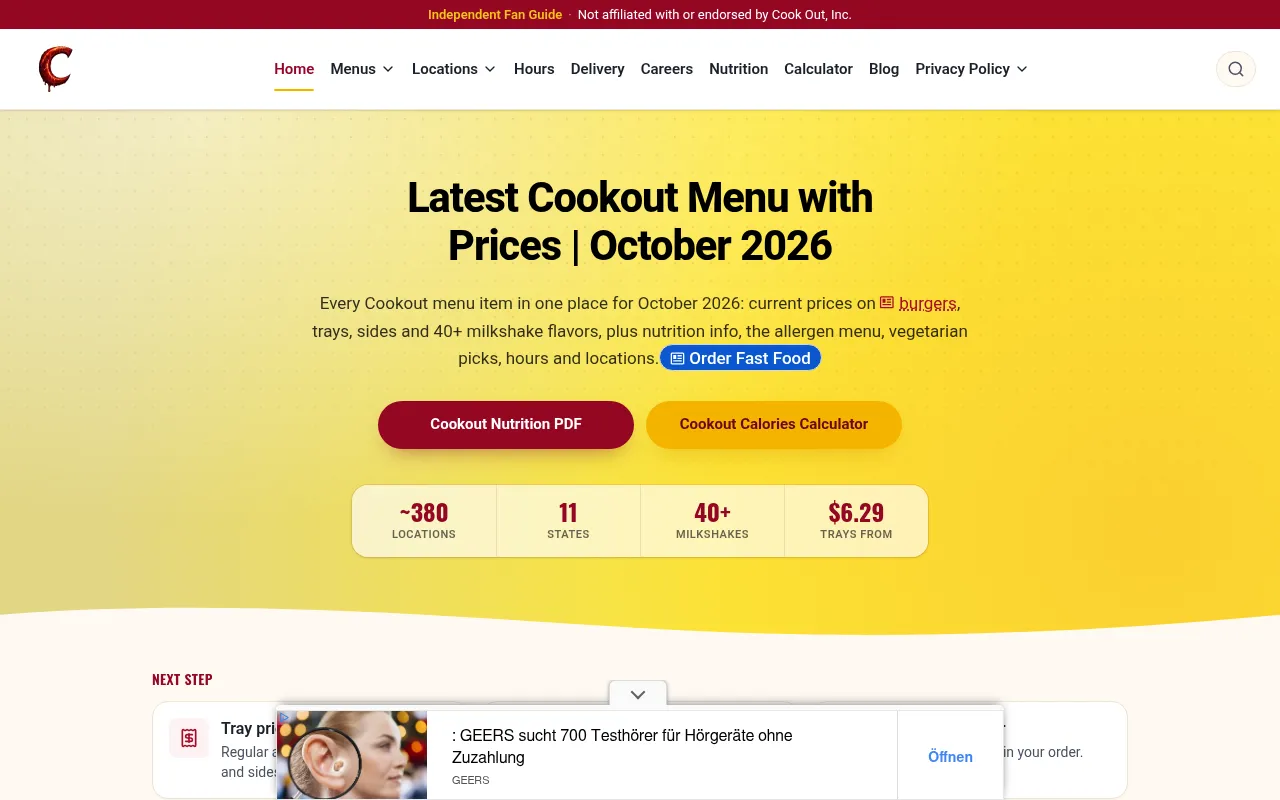 Screenshot of cooksoutmenus.us
