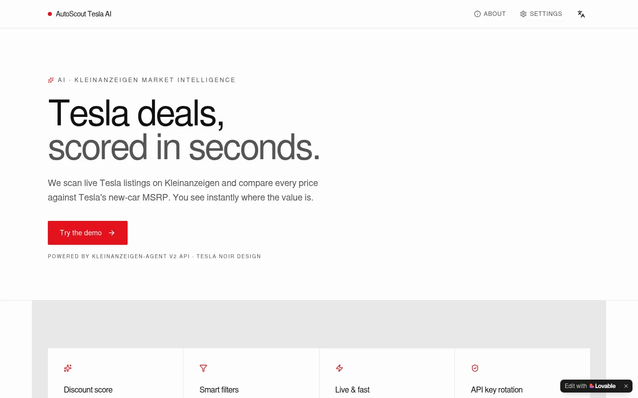 Screenshot of tesla-kleinanzeigen-agent-api.lovable.app