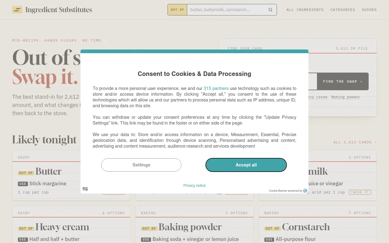 Screenshot of ingredientsubstitutes.com
