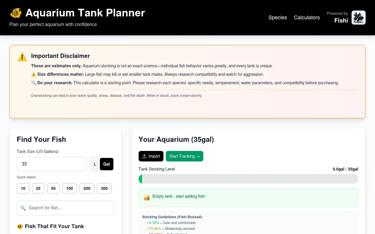 Screenshot of aquariumstockingcalculator.com