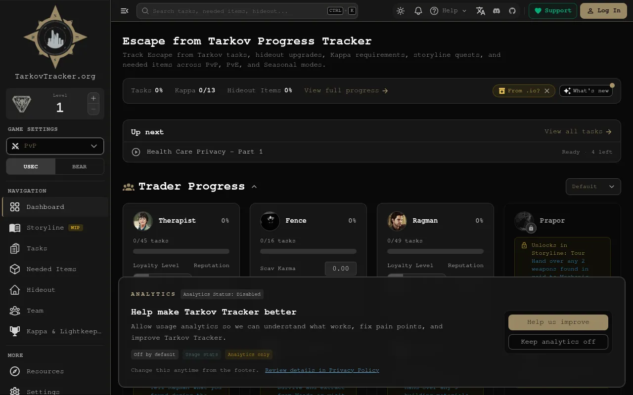 Screenshot of tarkovtracker.org