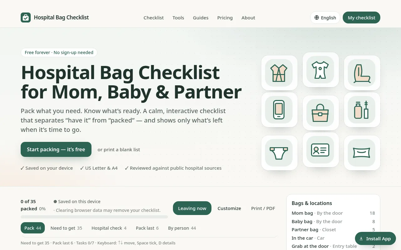 Screenshot of hospitalbagchecklist.online