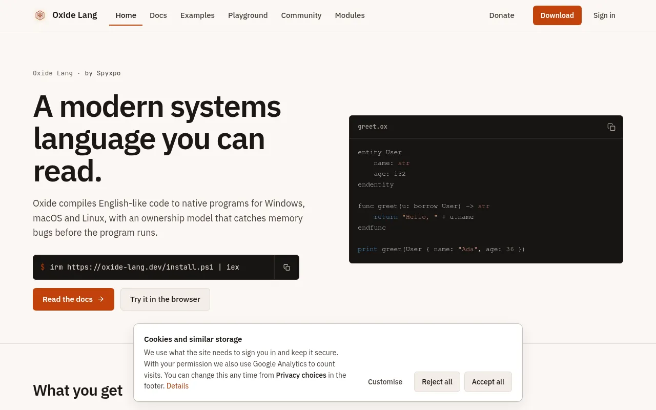 Screenshot of oxide-lang.dev