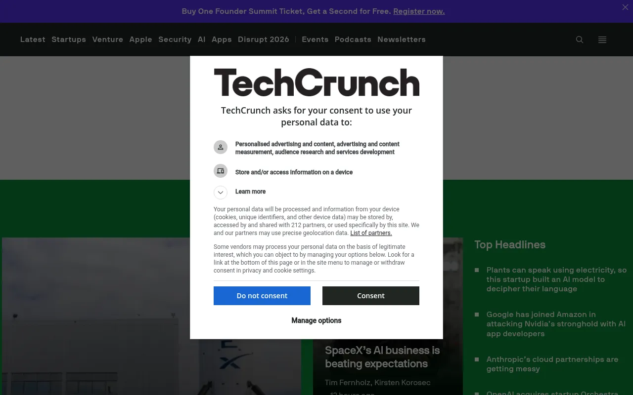 Screenshot of techcrunch.com
