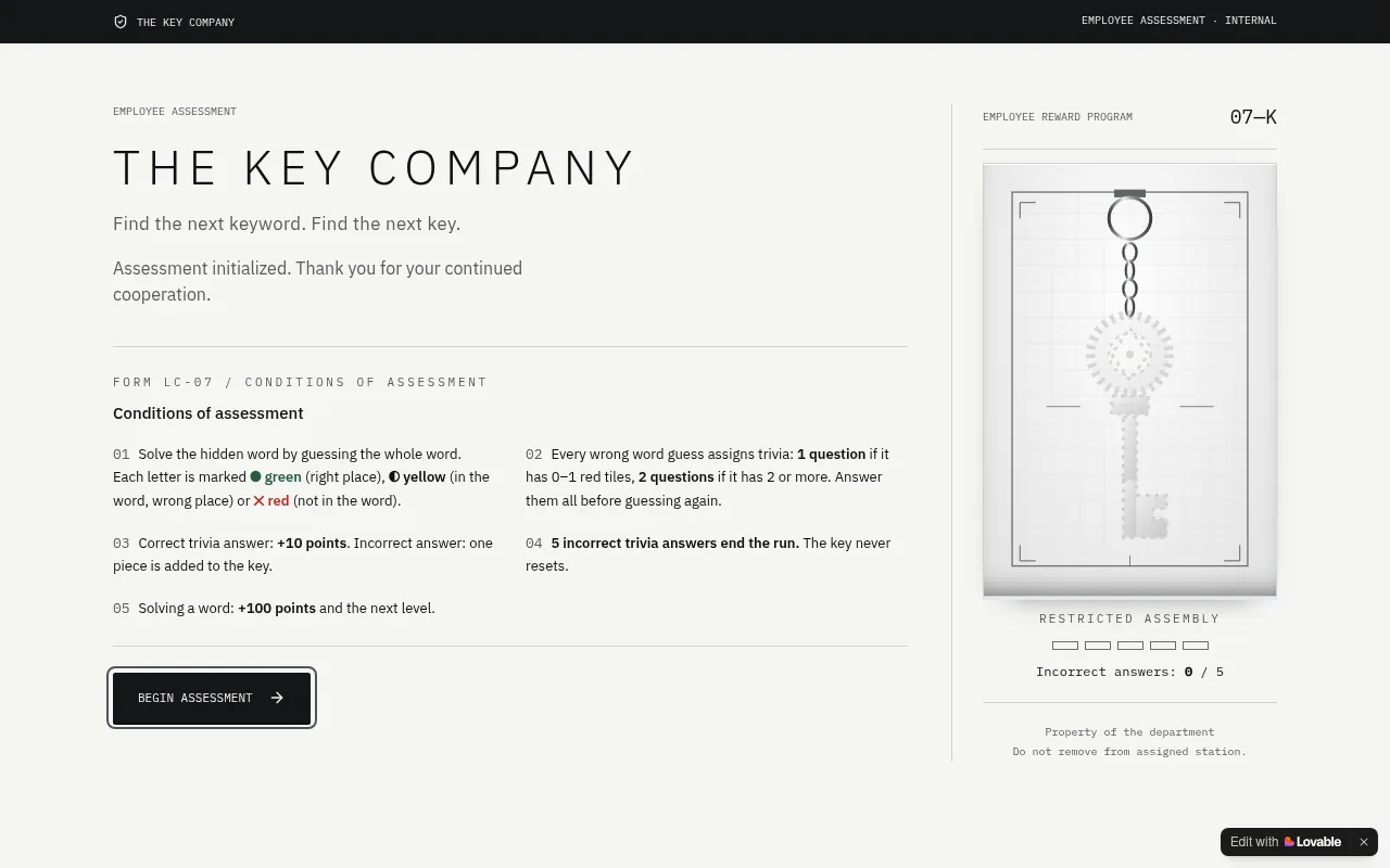 Screenshot of thekeycompanygame.com