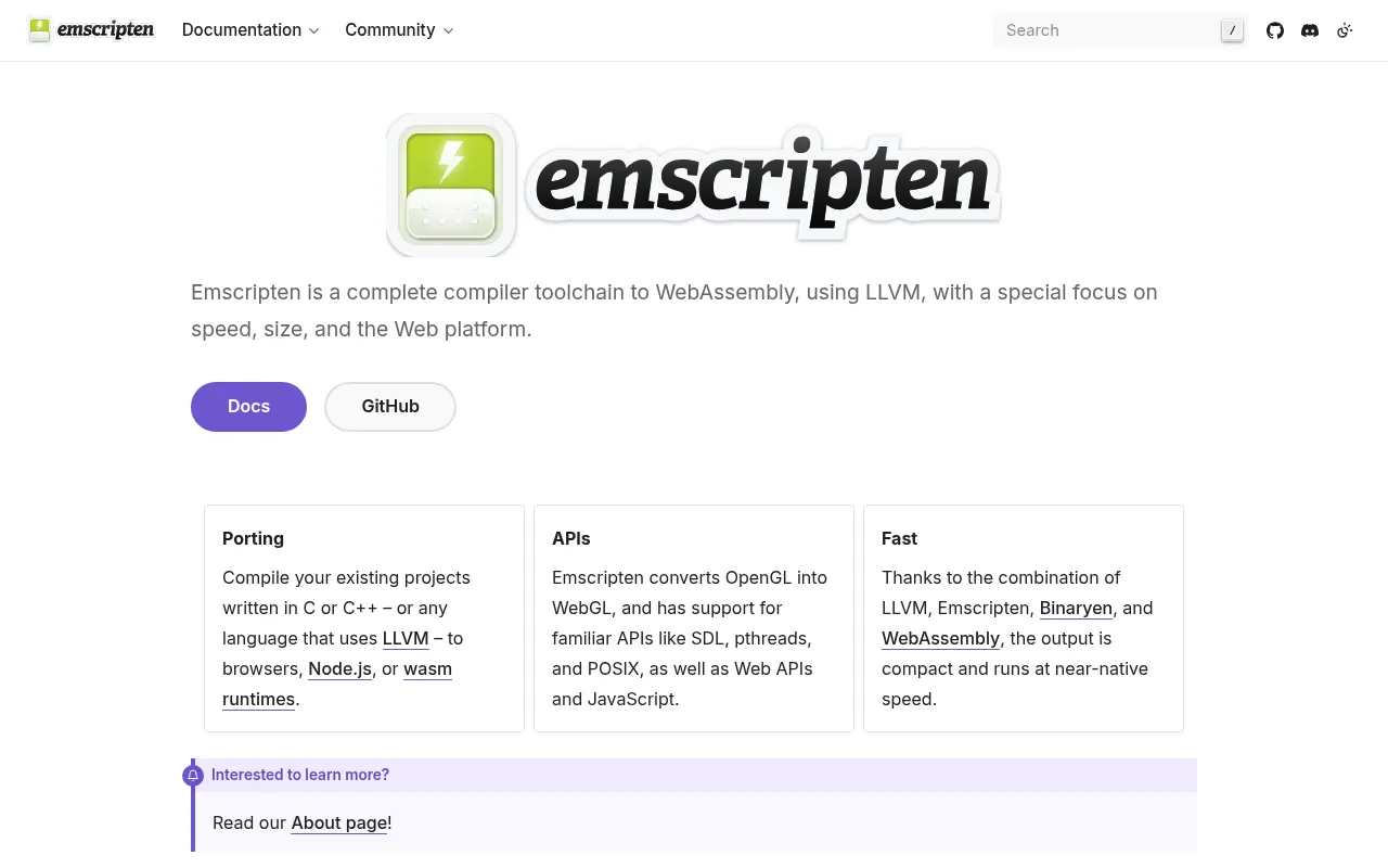 Screenshot of emscripten.org