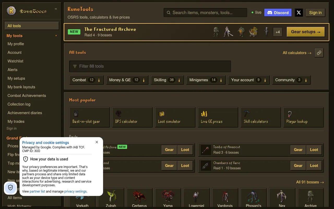 Screenshot of runetools.com