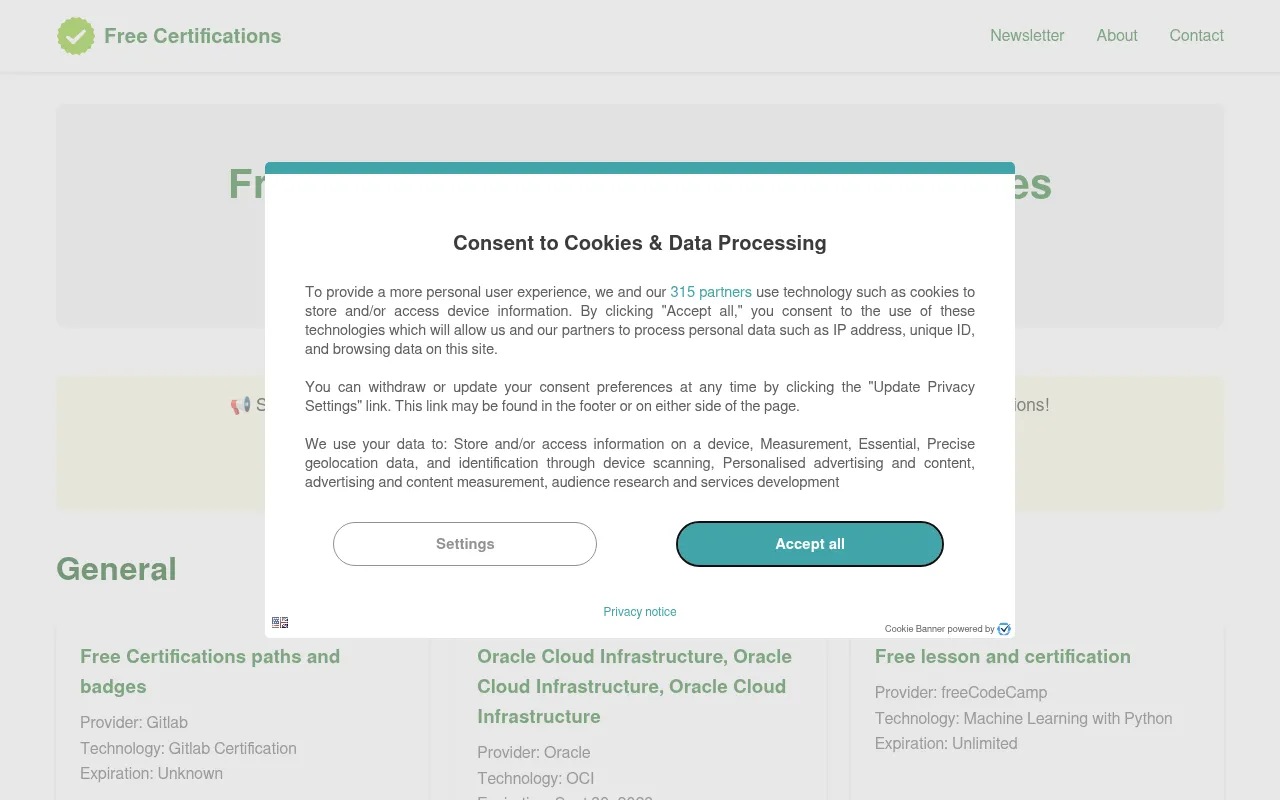 Screenshot of free-certifications.com
