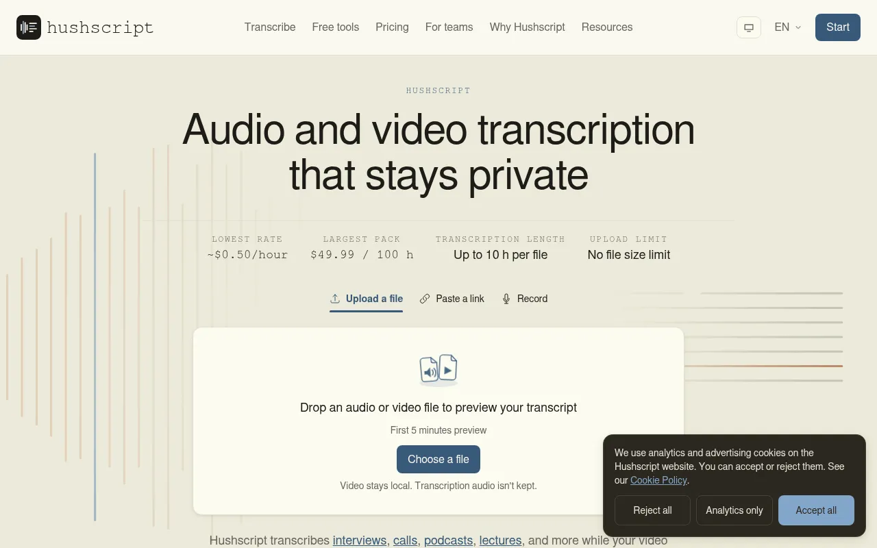 Screenshot of hushscript.com
