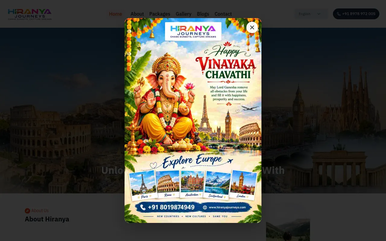Screenshot of hiranyajourneys.com