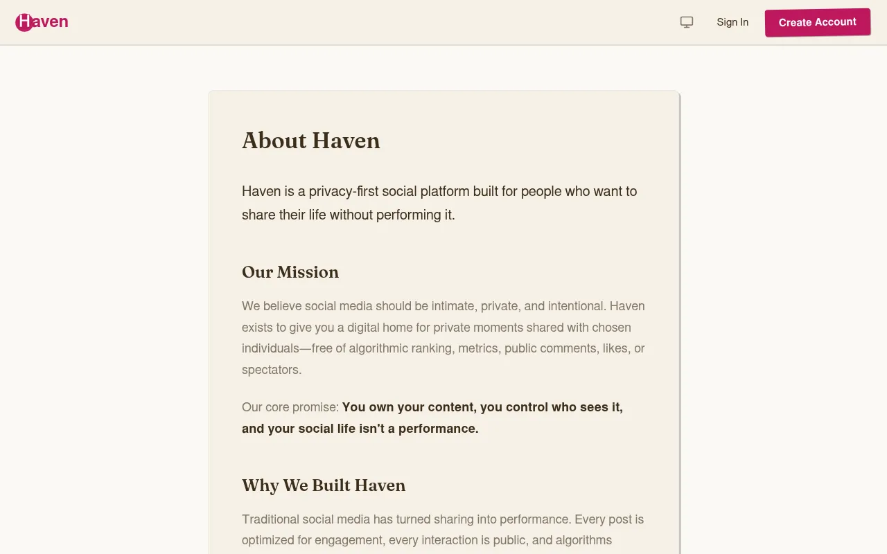 Screenshot of joinhaven.social