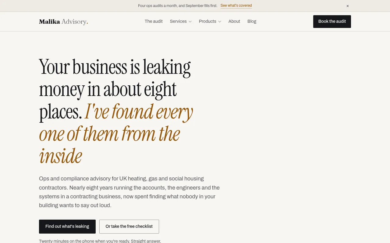 Screenshot of malikaadvisory-site-dev.malika-816.workers.dev