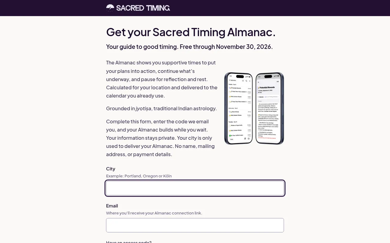 Screenshot of account.sacredtiming.com