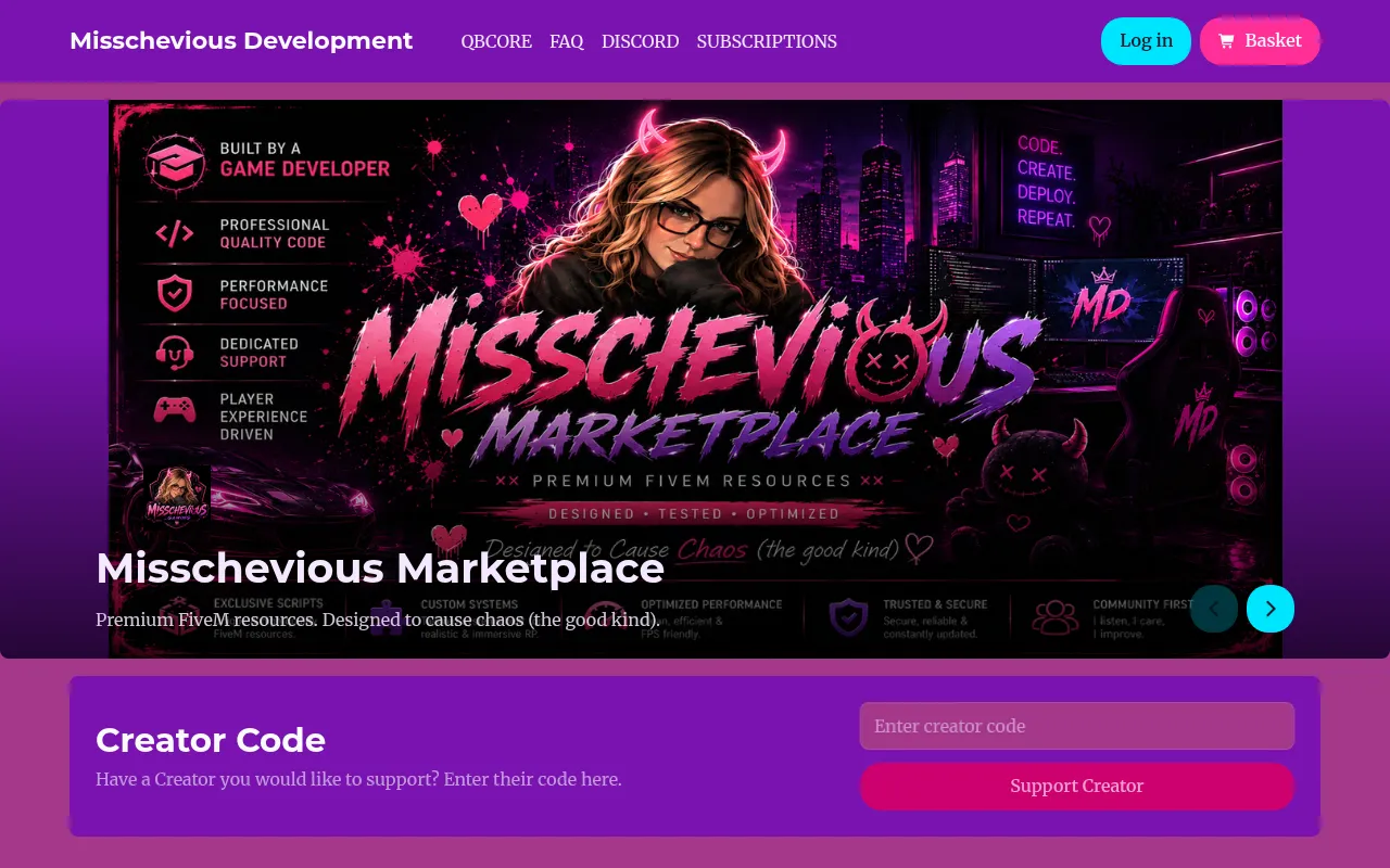 Screenshot of misschevious-development.tebex.store