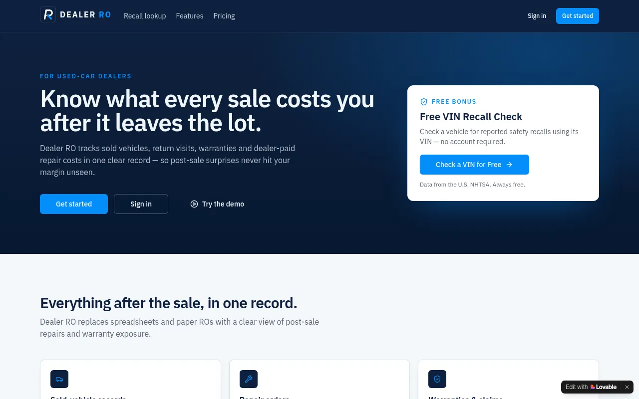 Screenshot of dealerro.com