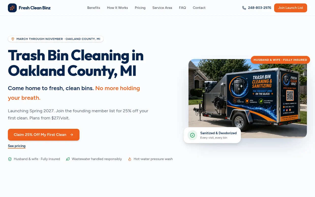 Screenshot of freshcleanbinz.com