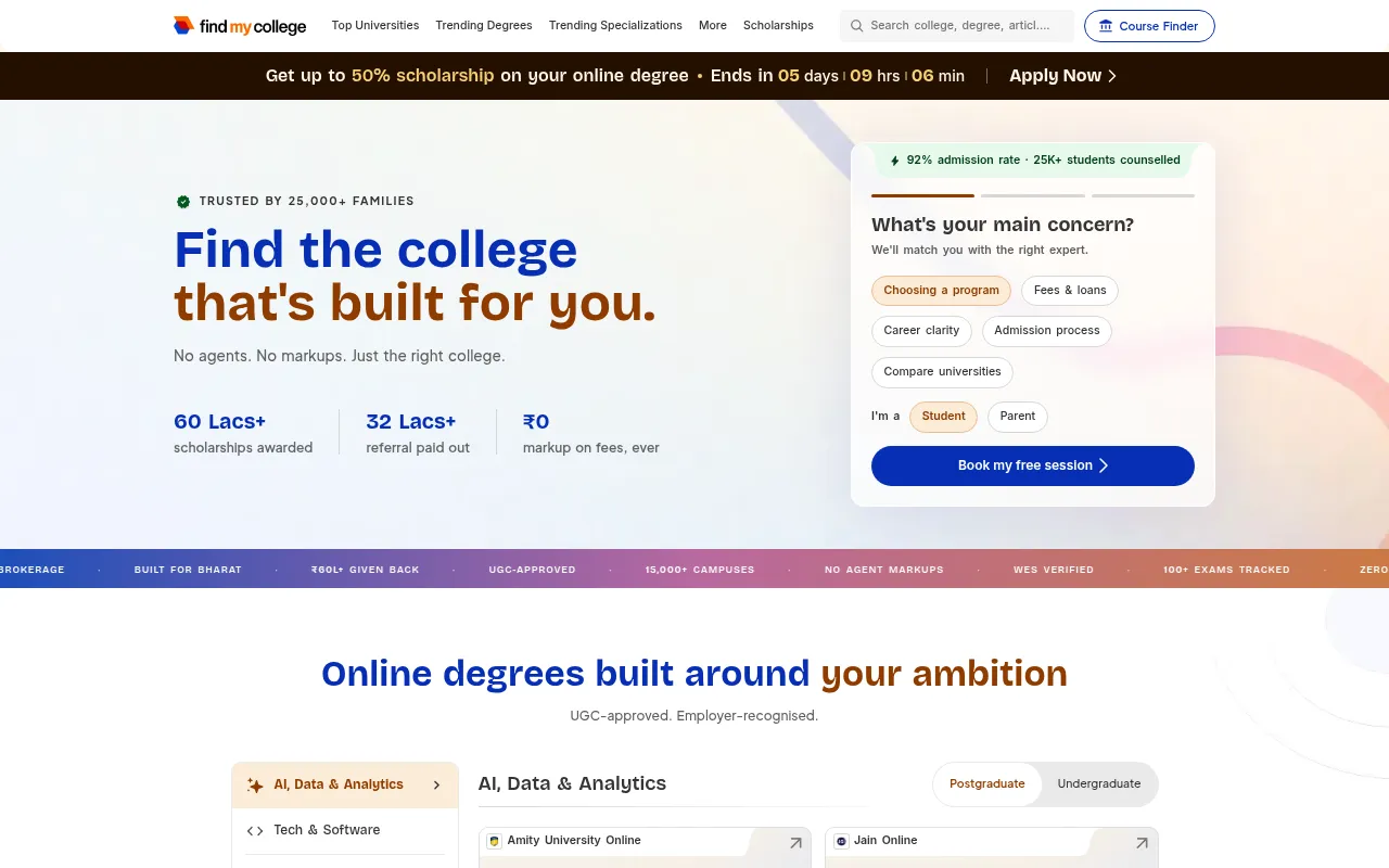 Screenshot of findmycollege.com