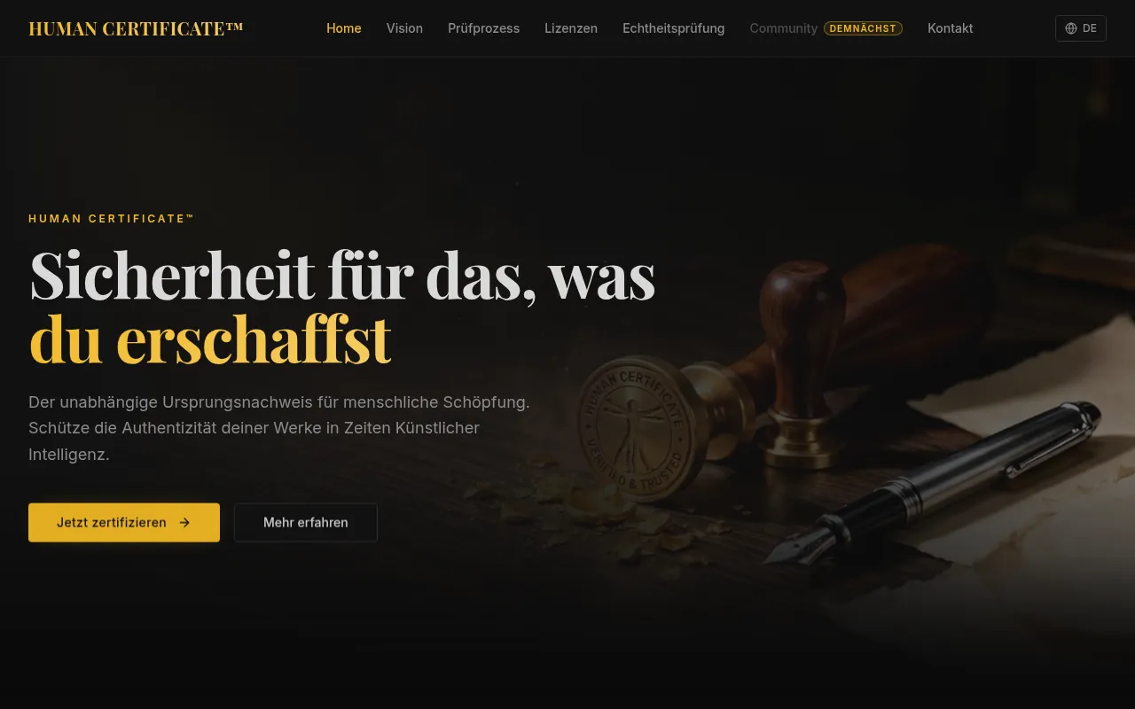 Screenshot of human-certificate.org