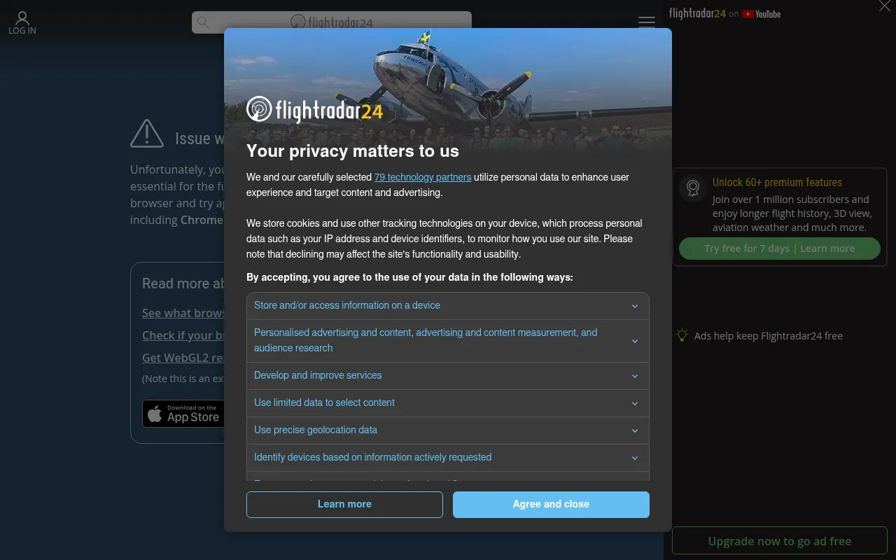 Screenshot of flightradar24.com
