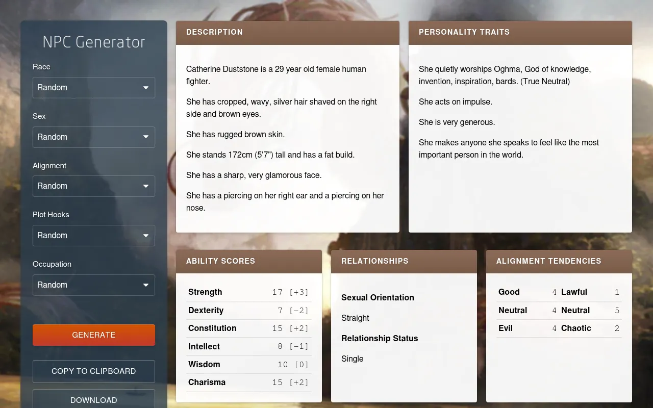 Screenshot of npcgenerator.com