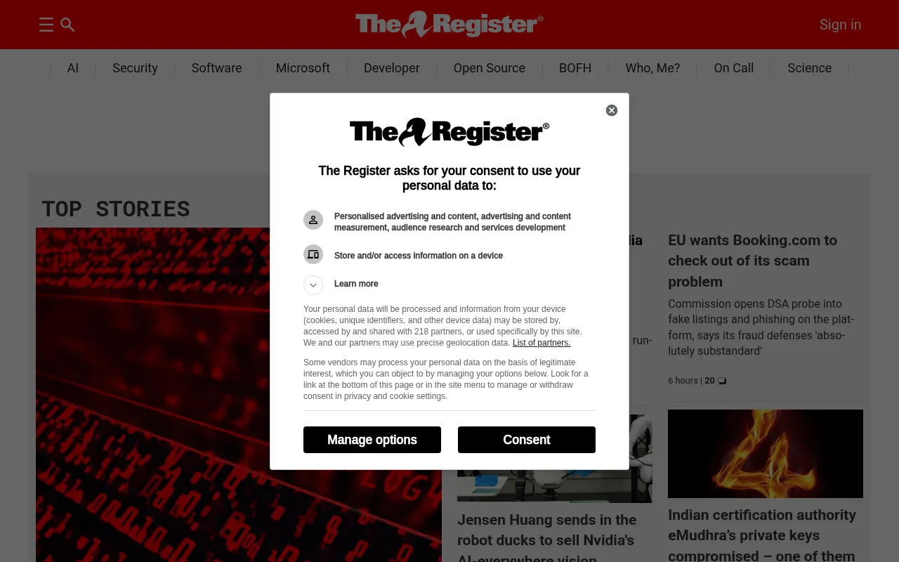 Screenshot of theregister.com