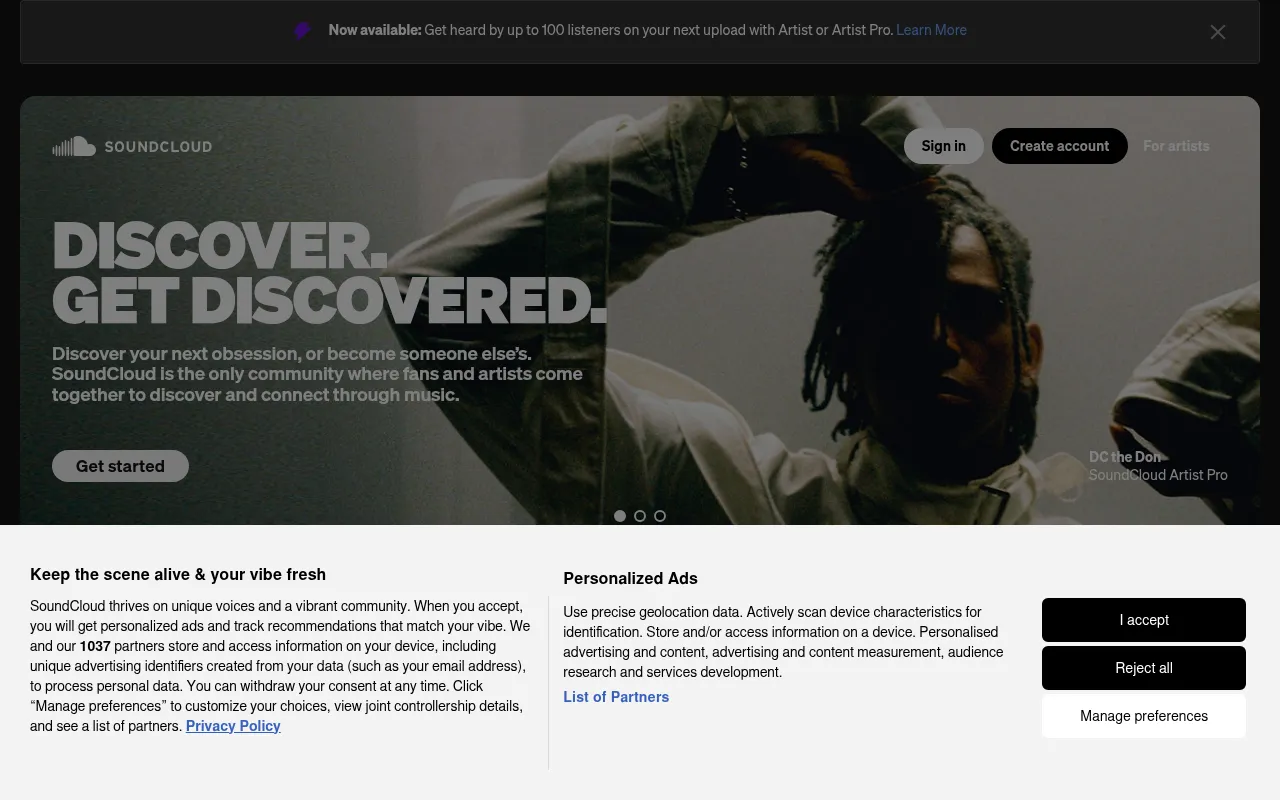 Screenshot of soundcloud.com
