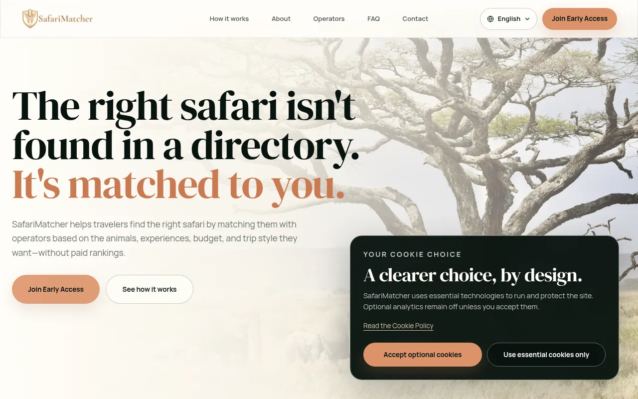 Screenshot of safarimatcher.com