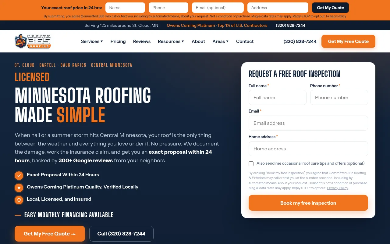 Screenshot of committed365roofing.com