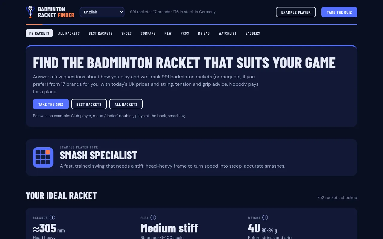 Screenshot of badmintonracketfinder.com