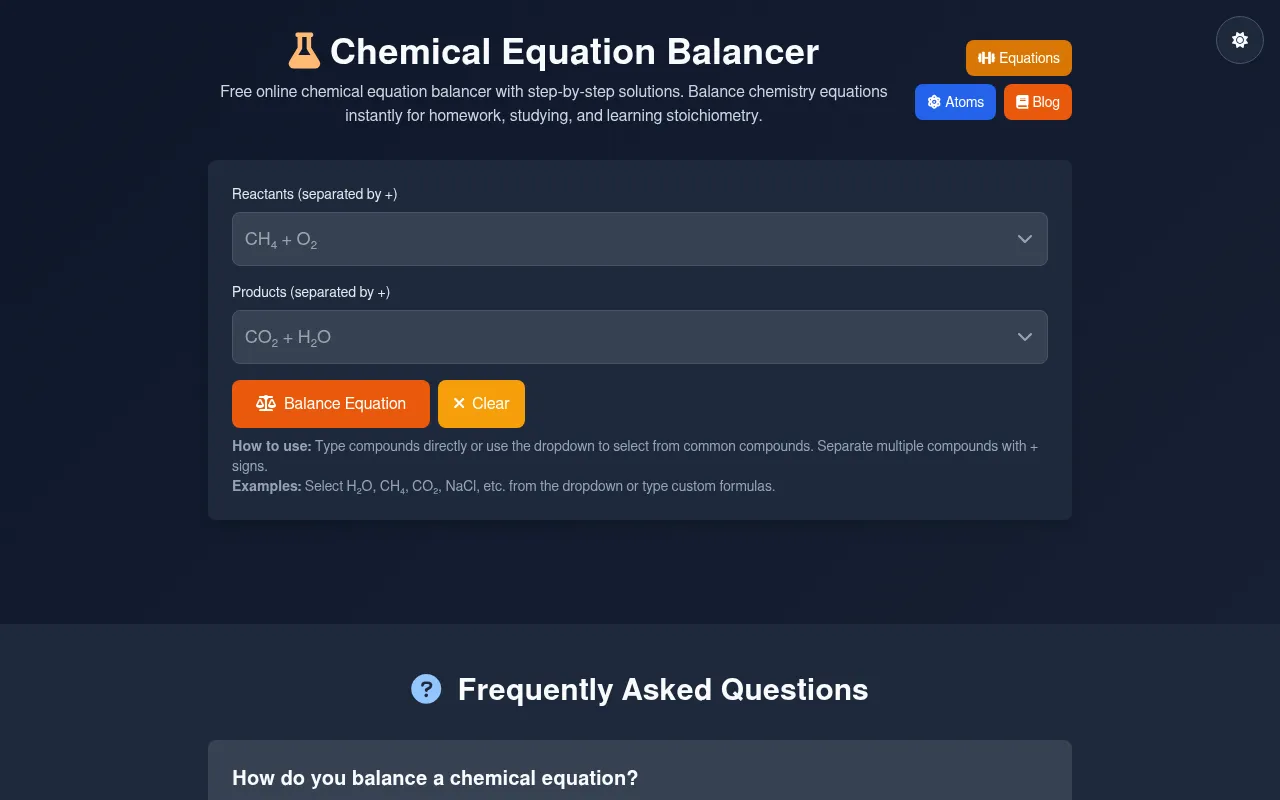 Screenshot of chemeqbalancer.com
