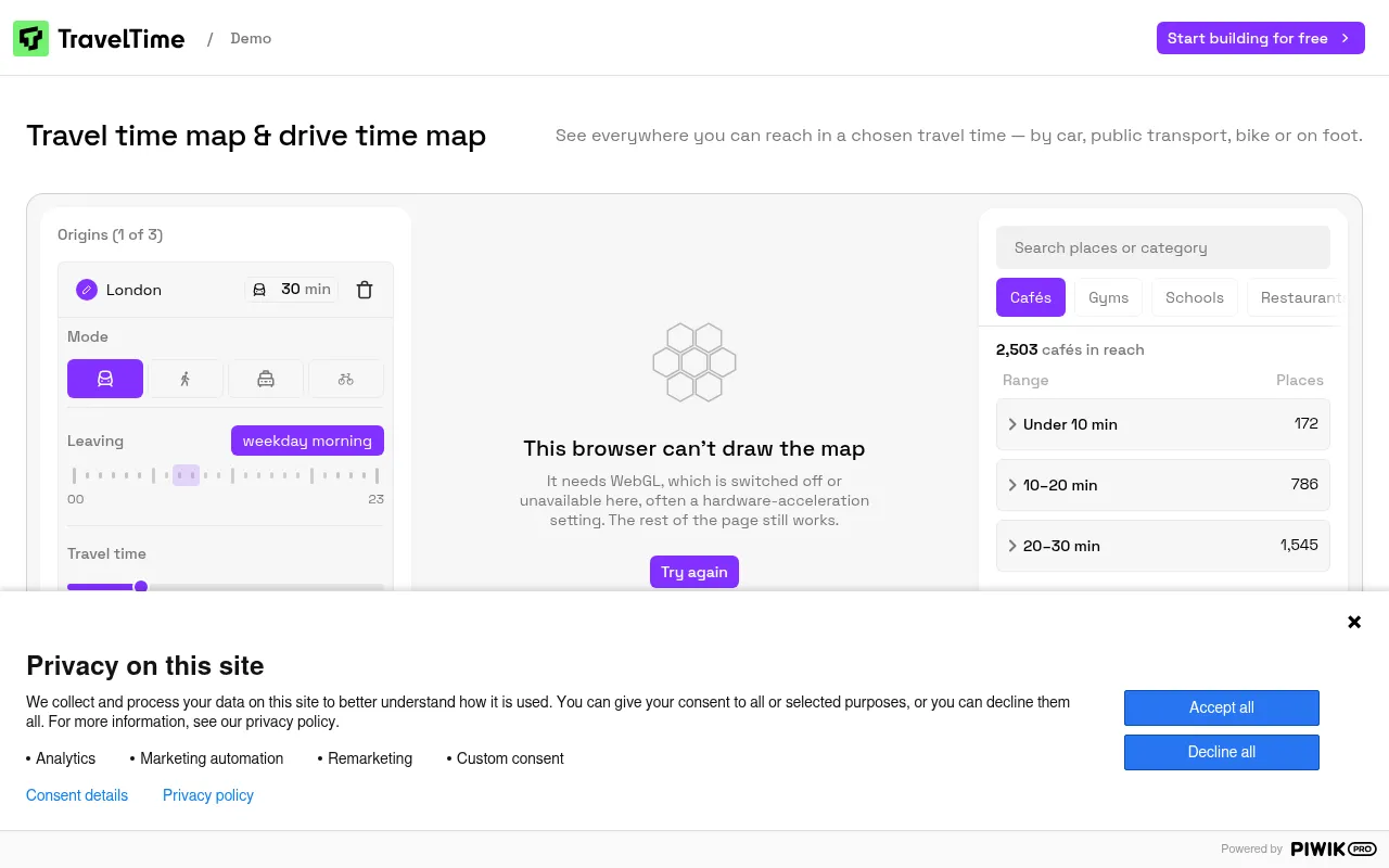 Screenshot of app.traveltime.com