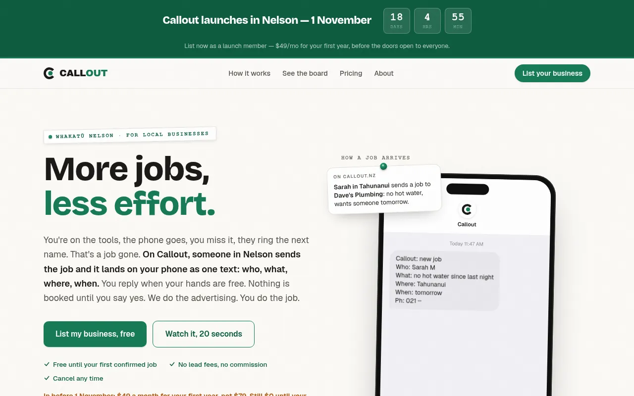 Screenshot of callout.nz