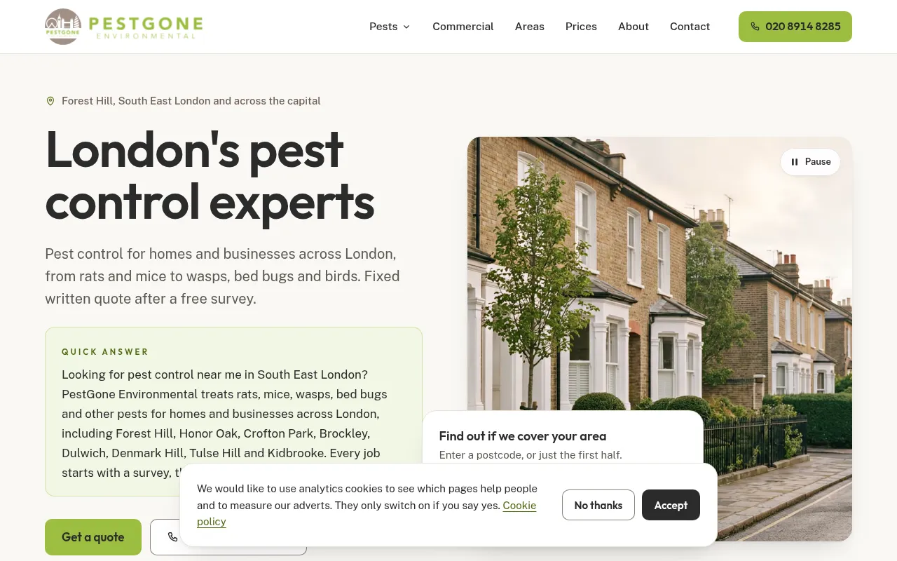 Screenshot of pestgone.co.uk