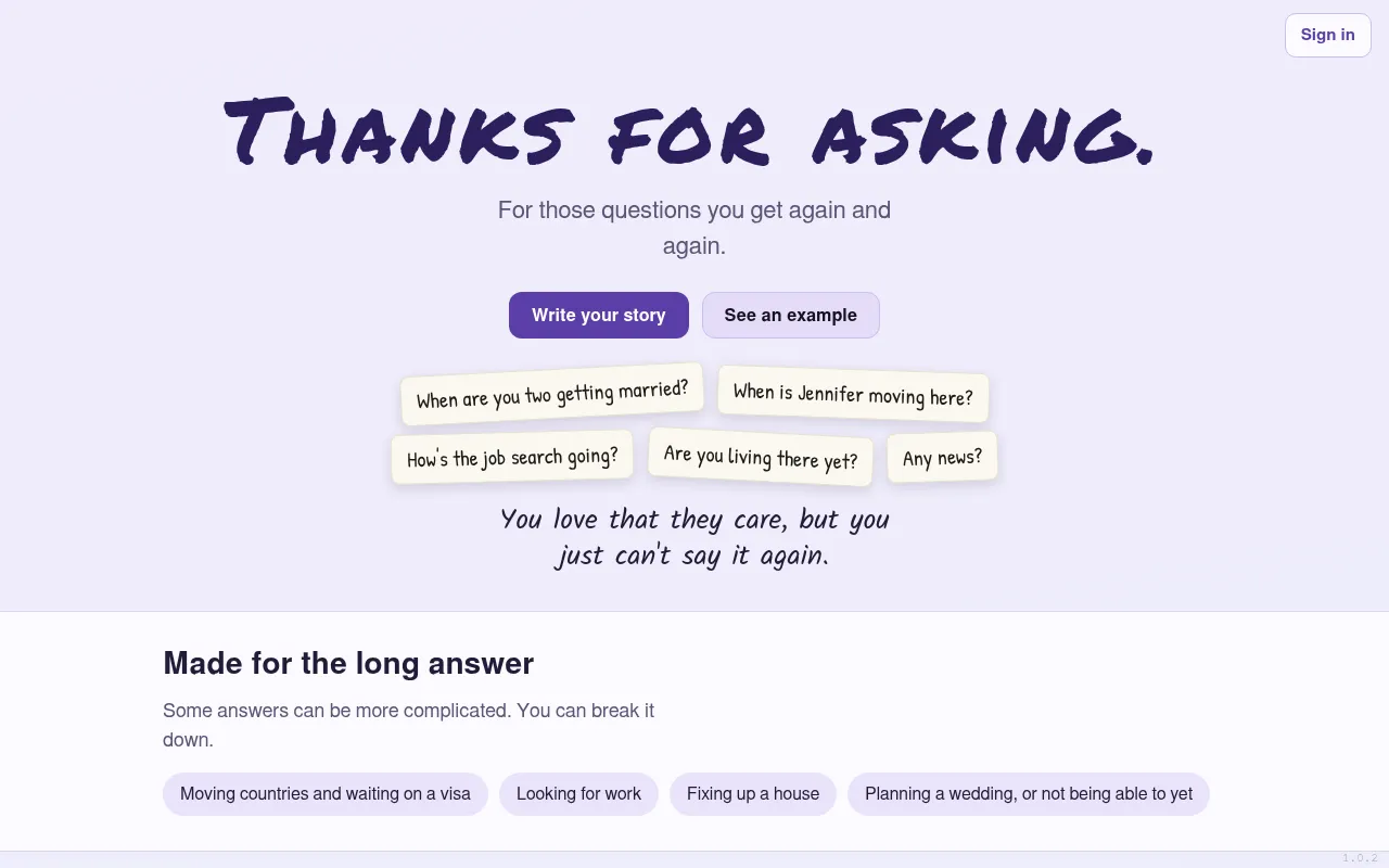 Screenshot of thanksforasking.fyi