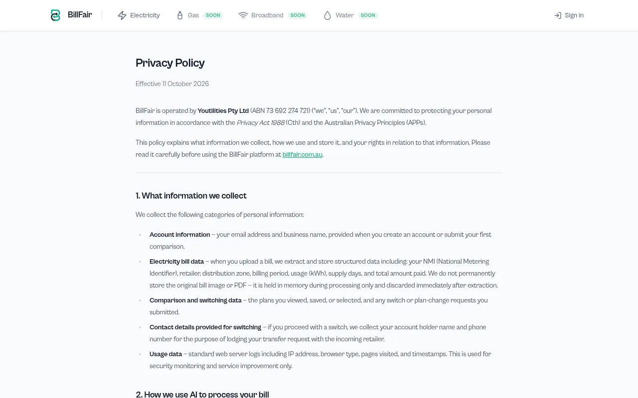 Screenshot of billfair.com.au
