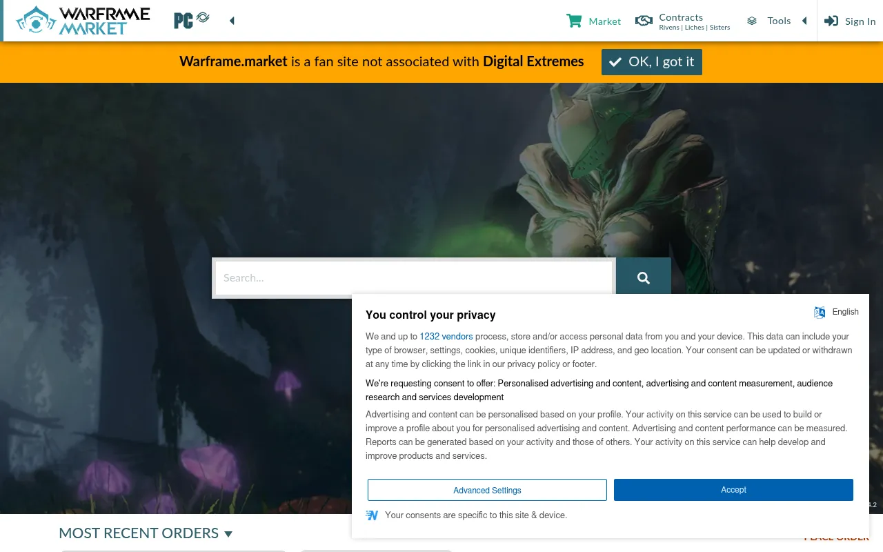 Screenshot of warframe.market