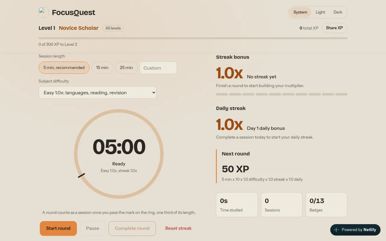 Screenshot of focusquestapp.netlify.app
