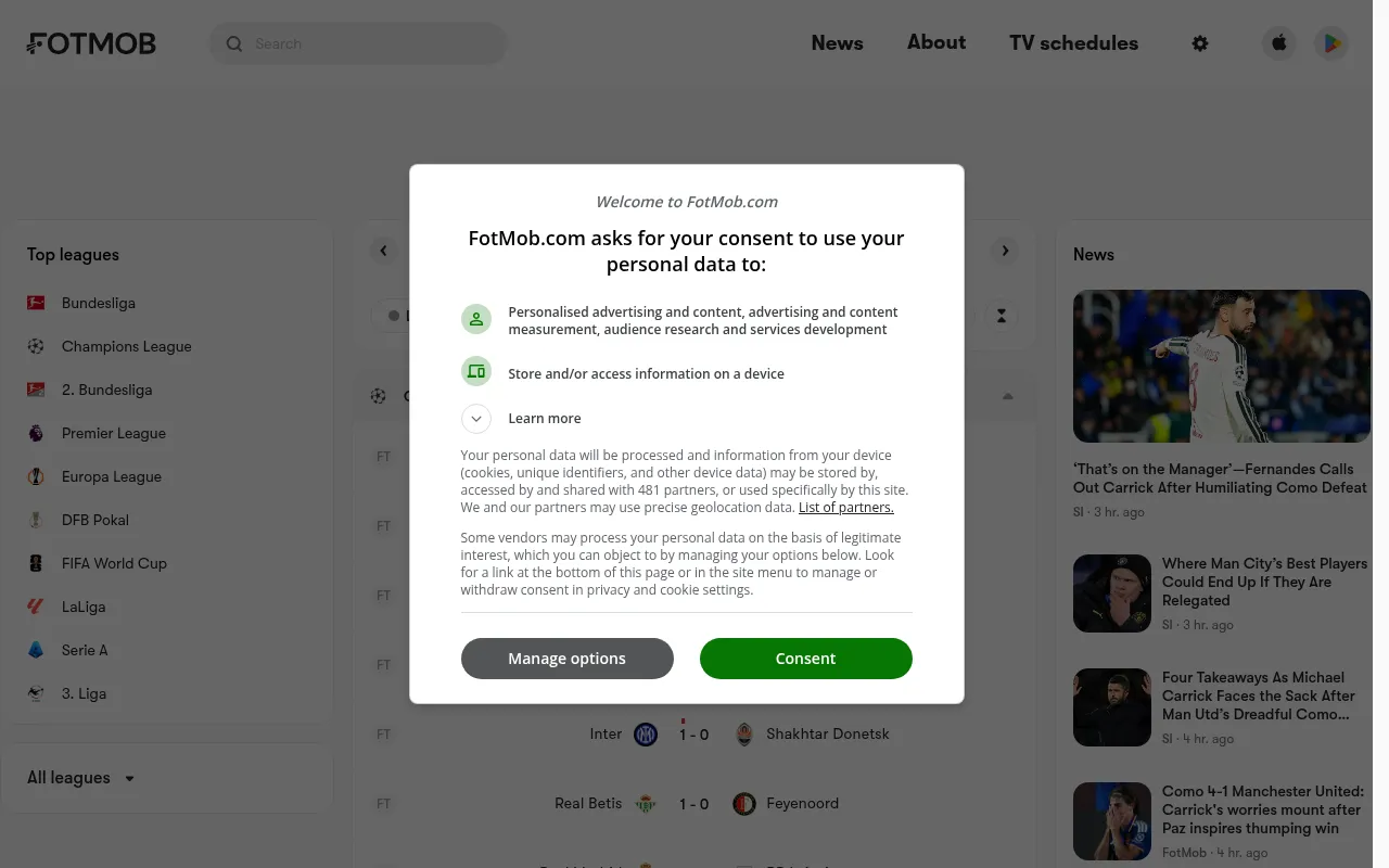 Screenshot of fotmob.com