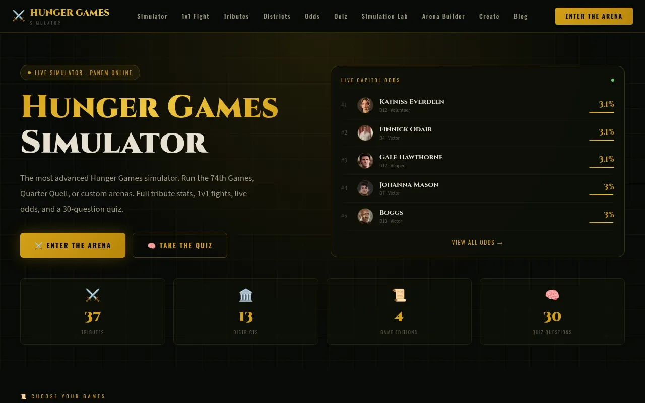 Screenshot of hungergamessimulators.com