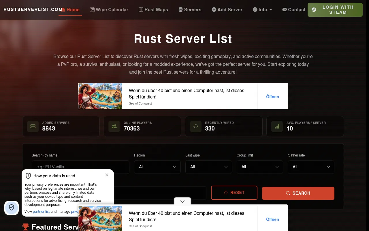 Screenshot of rustserverlist.com