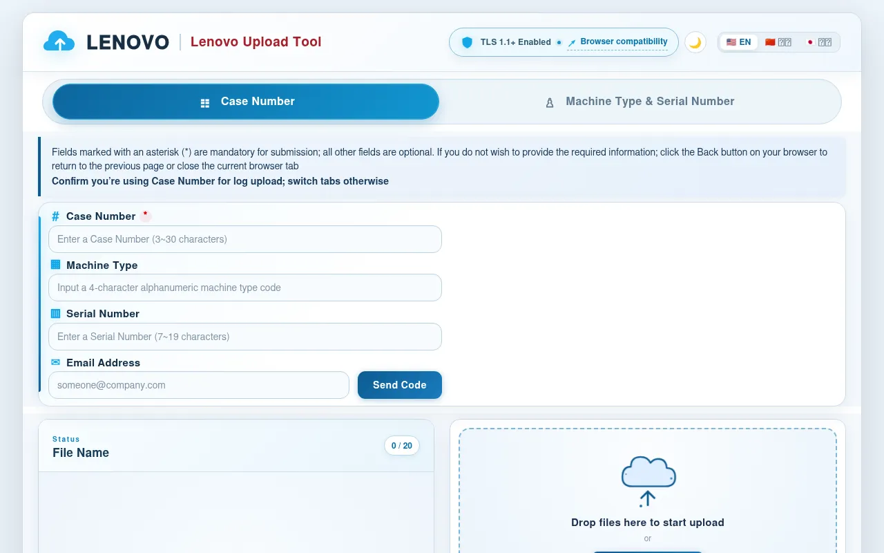 Screenshot of logupload.lenovo.com