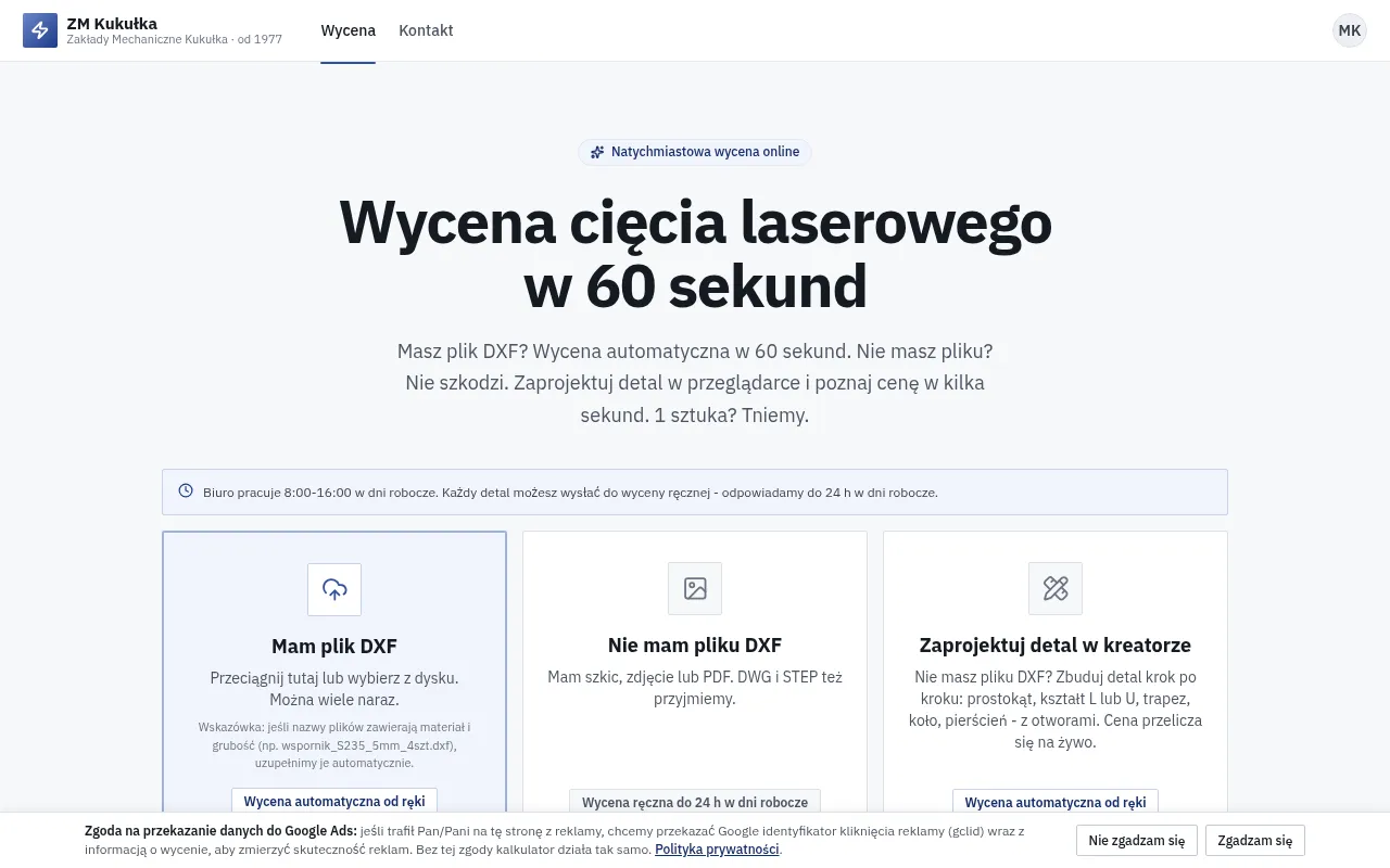 Screenshot of wycena.zmkukulka.com.pl