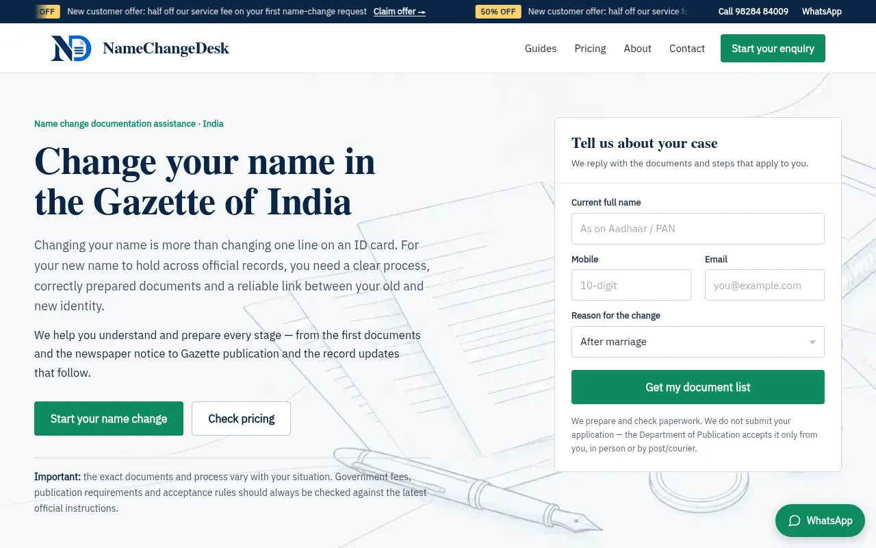 Screenshot of namechangedesk.com