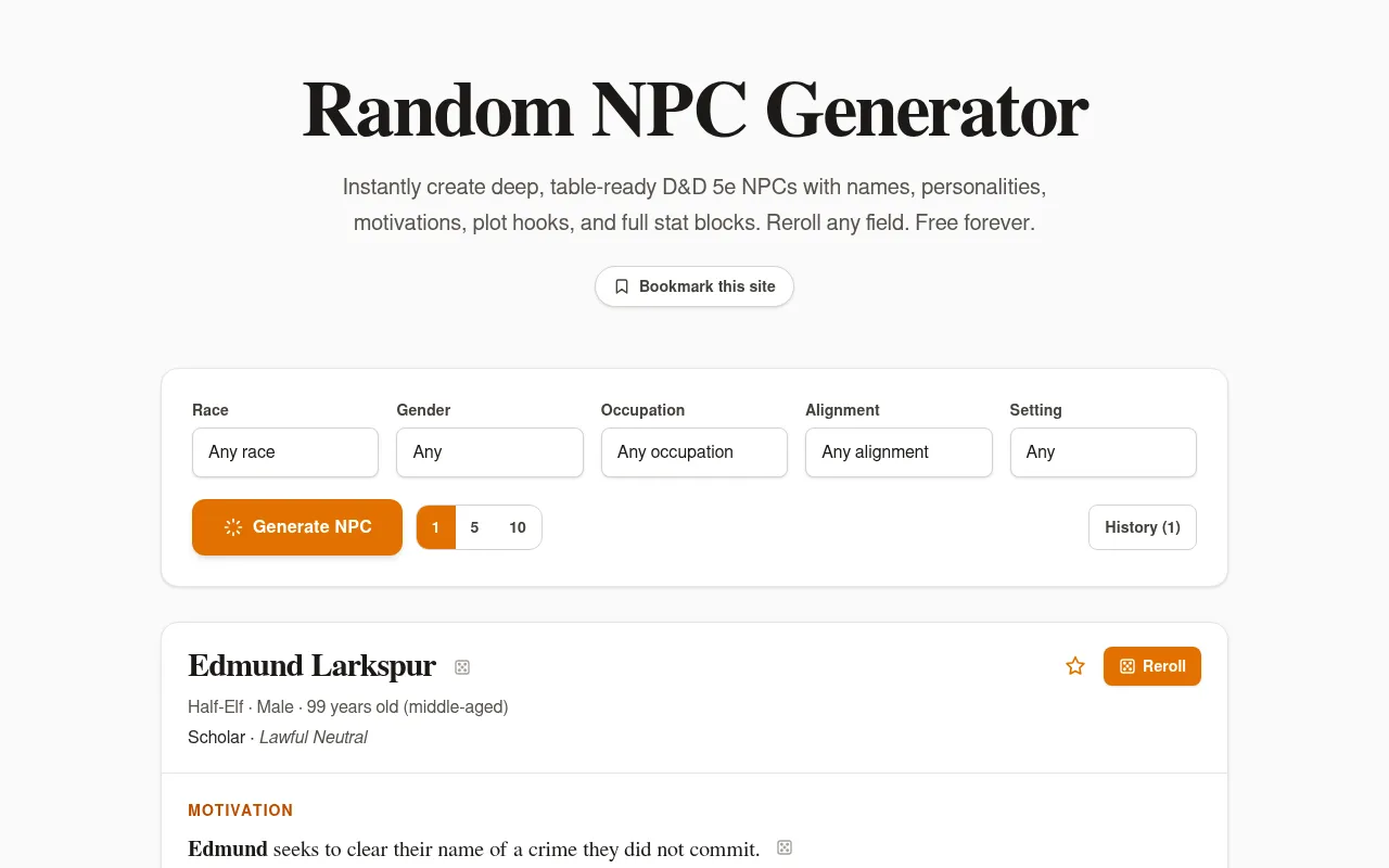Screenshot of randomnpcgenerator.com